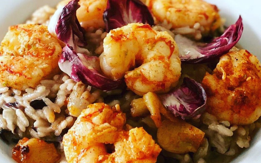 Risotto de langostinos y portobellos